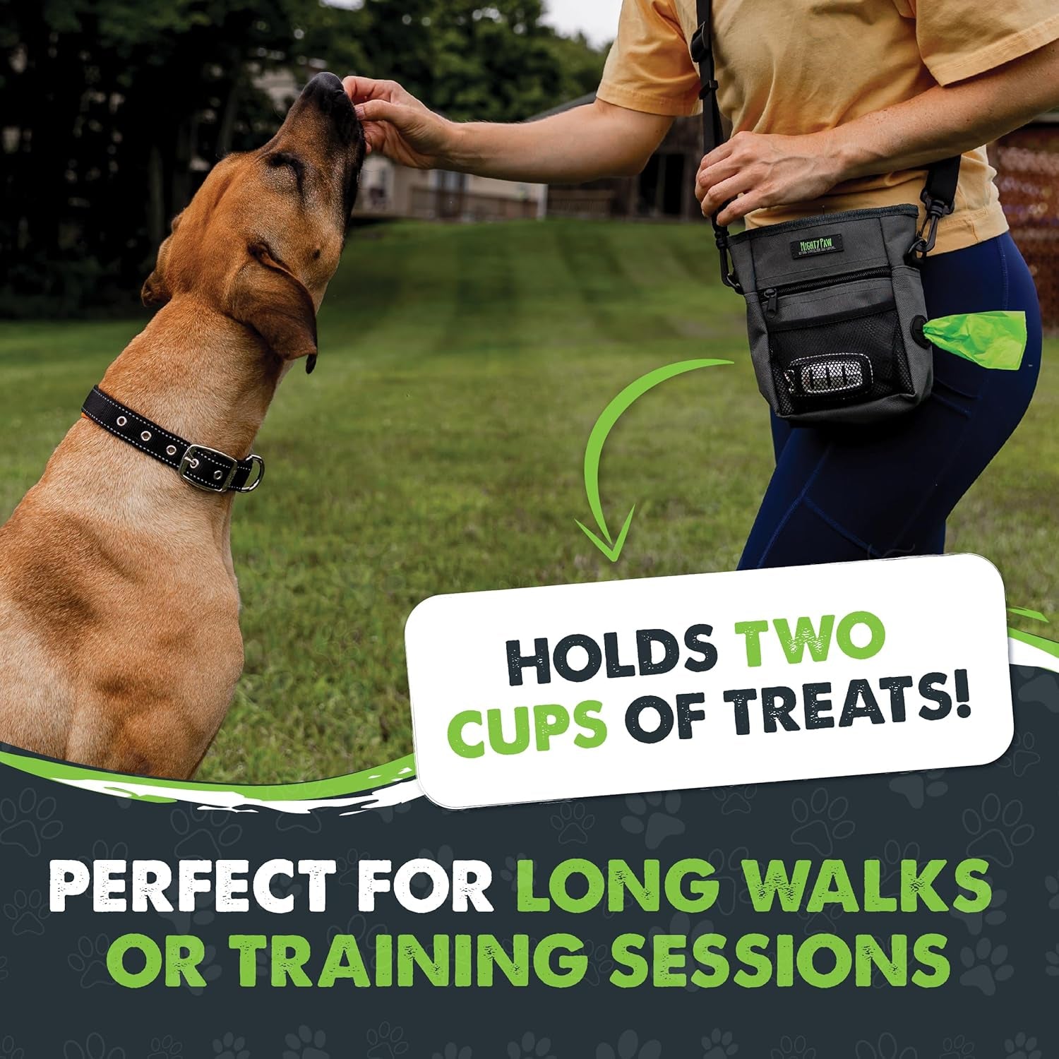 Dog Treat Pouch 2.0 | Pet Training Hands-Free Snack Bag W/Strap. Holds 2 Cups Kibble, Phone & Keys. Magnetic Clasp & Waist Belt Clip. Includes 1 Roll of Poop Bags (Green/Grey)
