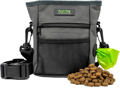 Dog Treat Pouch 2.0 | Pet Training Hands-Free Snack Bag W/Strap. Holds 2 Cups Kibble, Phone & Keys. Magnetic Clasp & Waist Belt Clip. Includes 1 Roll of Poop Bags (Green/Grey)